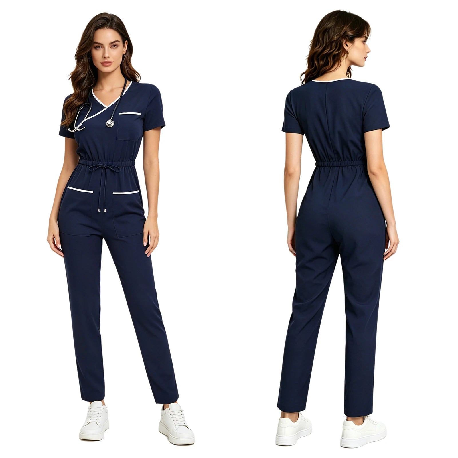 Women Scrubs Jumpsuit with Pockets Short Sleeve Drawstring Elastic Waist Long Pants Back Zipper Rompers for Nurse Doctor Medical
