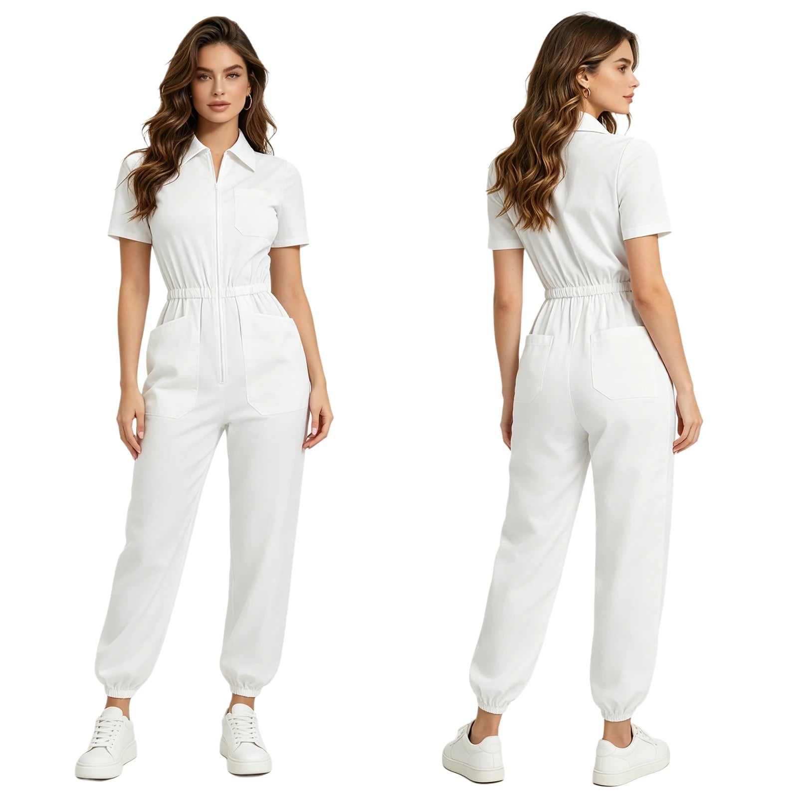 Womens Scrubs Jumpsuit Multi-pocket Elastic Waist Jogger Pants One-piece Rompers Bodysuit Nurse Doctor Workwear Medical Uniform