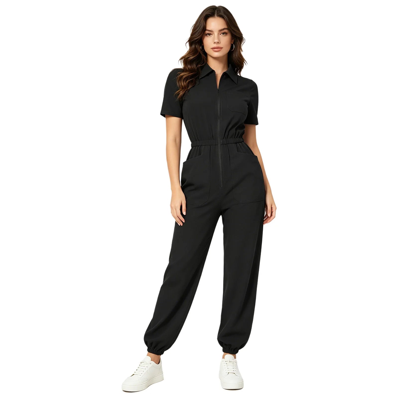 Womens Scrubs Jumpsuit Multi-pocket Elastic Waist Jogger Pants One-piece Rompers Bodysuit Nurse Doctor Workwear Medical Uniform
