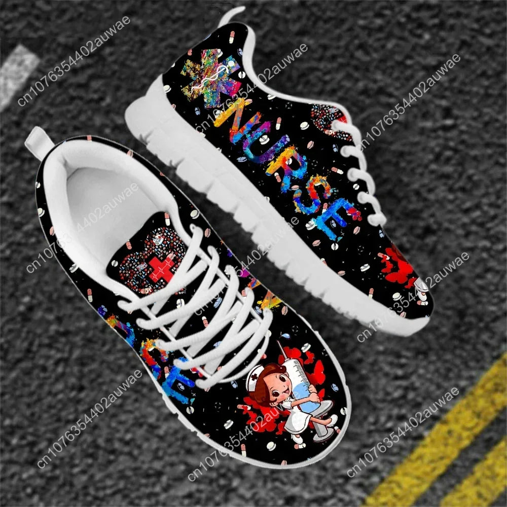 Cute Hospital Cartoon Nurse  Pattern Sneakers Shoes For Women Breathable Lace Up Flat Shoes Comfort Zapatillas