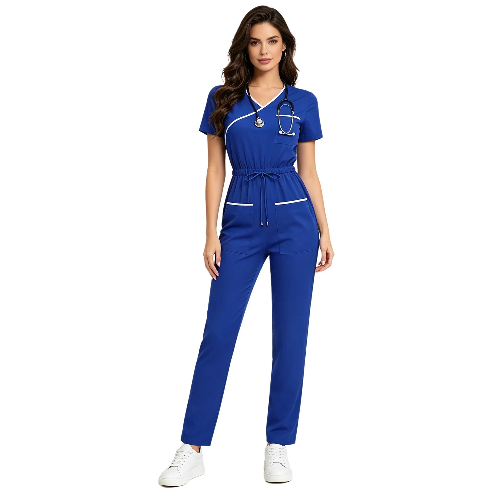 Womens Short Sleeve Medical Scrubs Jumpsuit Nurse Doctor Workwear Pockets Drawstring Long Pants Back Zipper Rompers Coverall