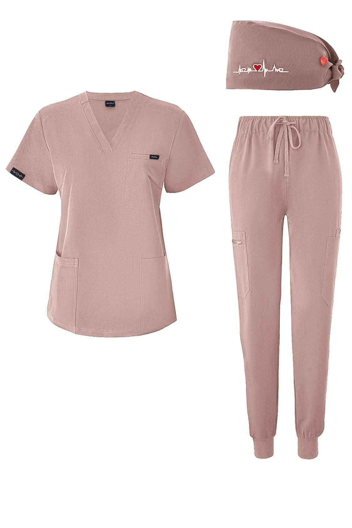 BuyiRen Scrubs for Women Set with Scrub Cap V-Neck Stretchy Scrubs Tops and Jogger Pants 11 Pockets Nursing Uniforms Pink US 20-22