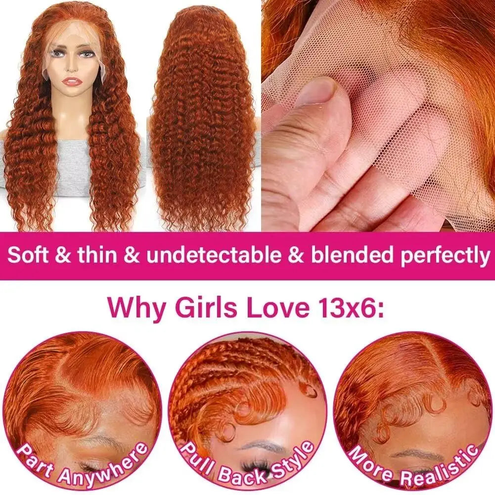 Orange Ginger 13x6 HD Lace Frontal Wig Water Wave Lace Front Wig Curly Human Hair Wigs 30 Inch Loose Deep Wave Frontal Wig
