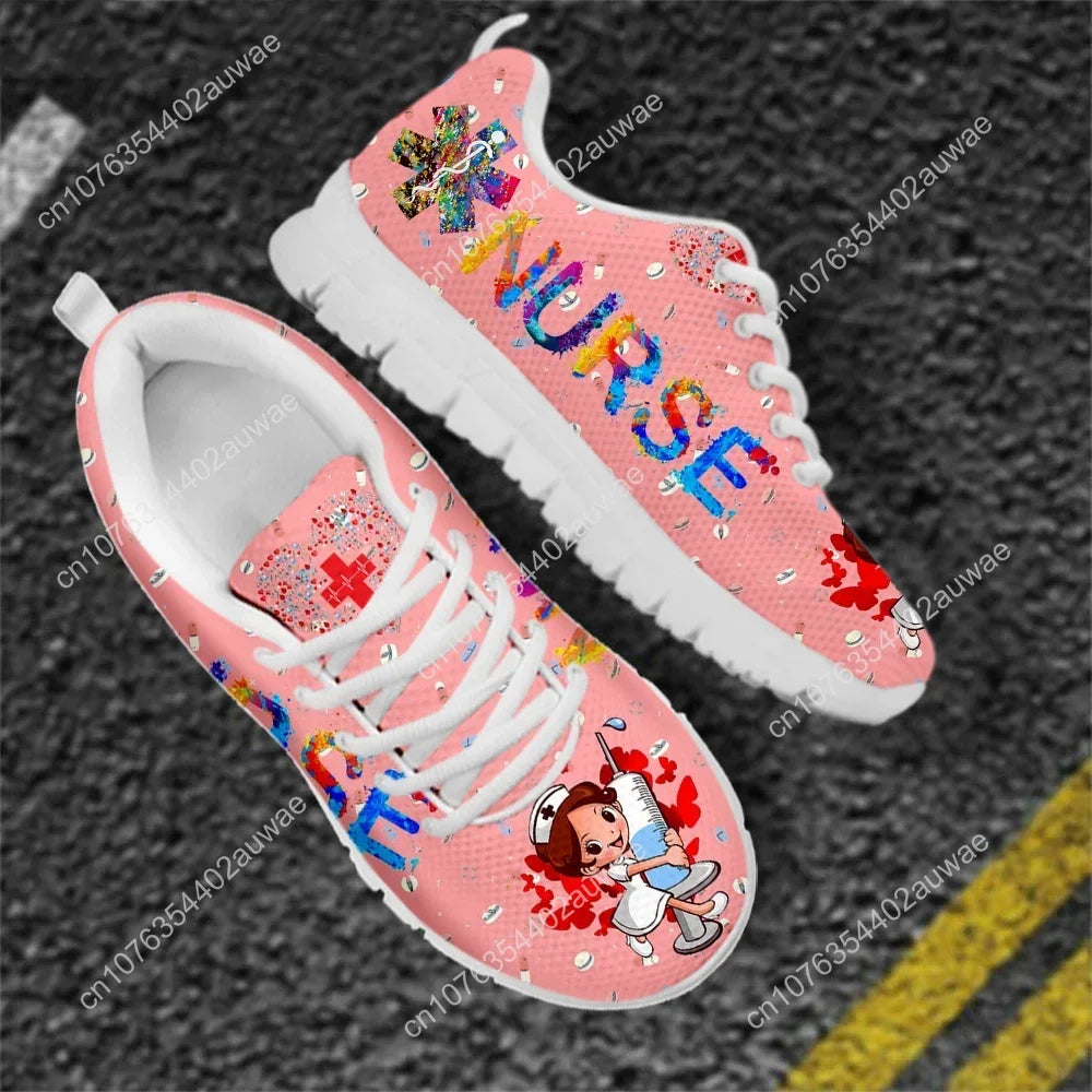 Cute Hospital Cartoon Nurse  Pattern Sneakers Shoes For Women Breathable Lace Up Flat Shoes Comfort Zapatillas
