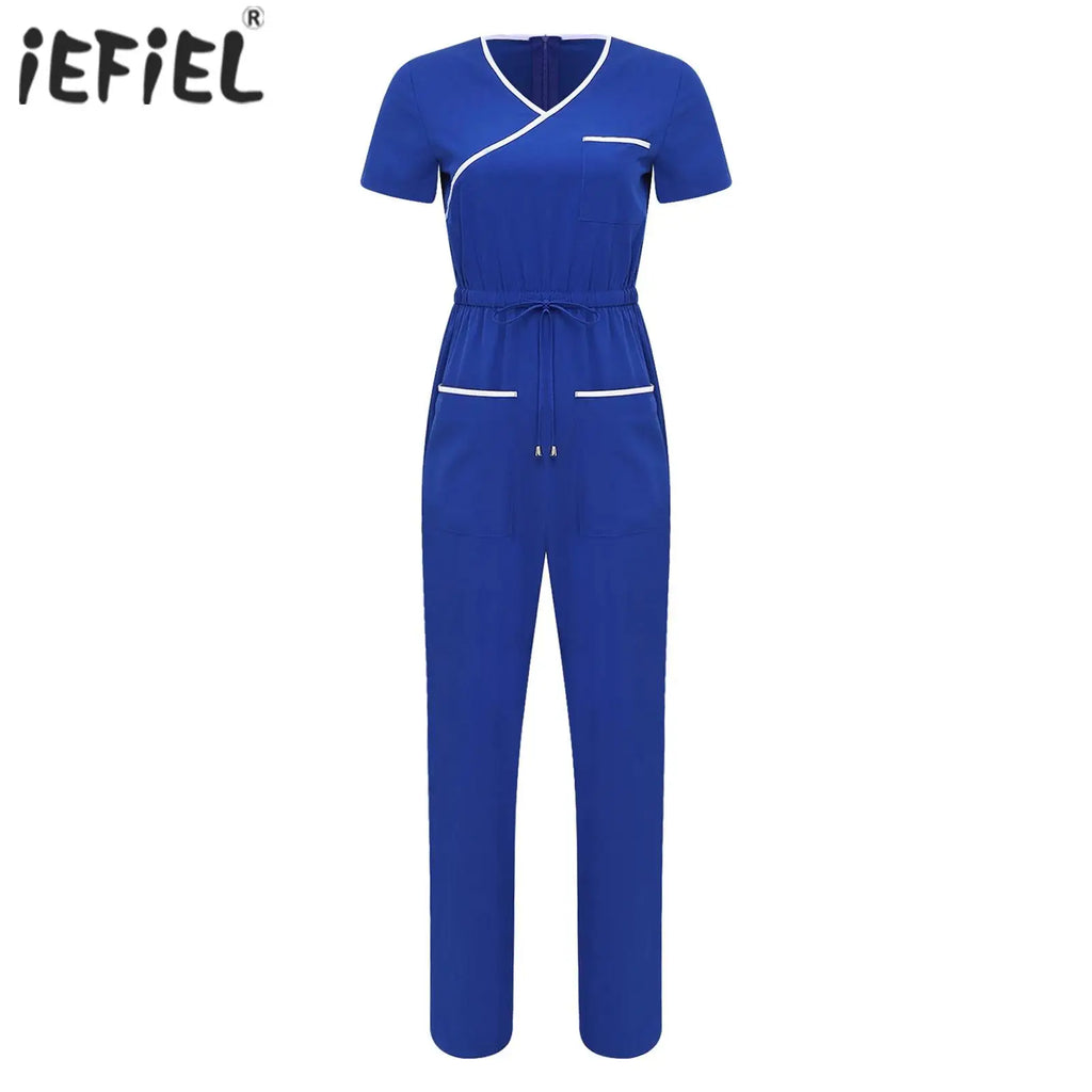 Womens Short Sleeve Medical Scrubs Jumpsuit Nurse Doctor Workwear Pockets Drawstring Long Pants Back Zipper Rompers Coverall