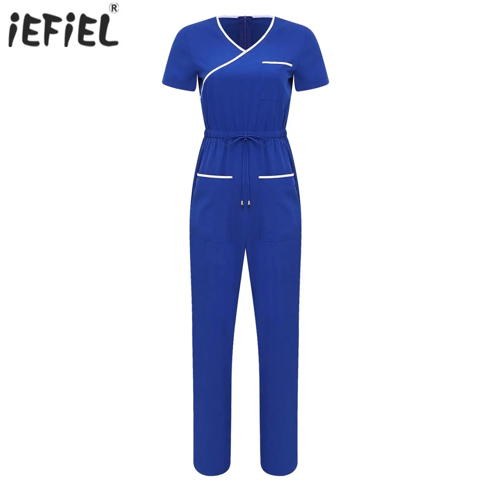 Womens Short Sleeve Medical Scrubs Jumpsuit Nurse Doctor Workwear Pockets Drawstring Long Pants Back Zipper Rompers Coverall