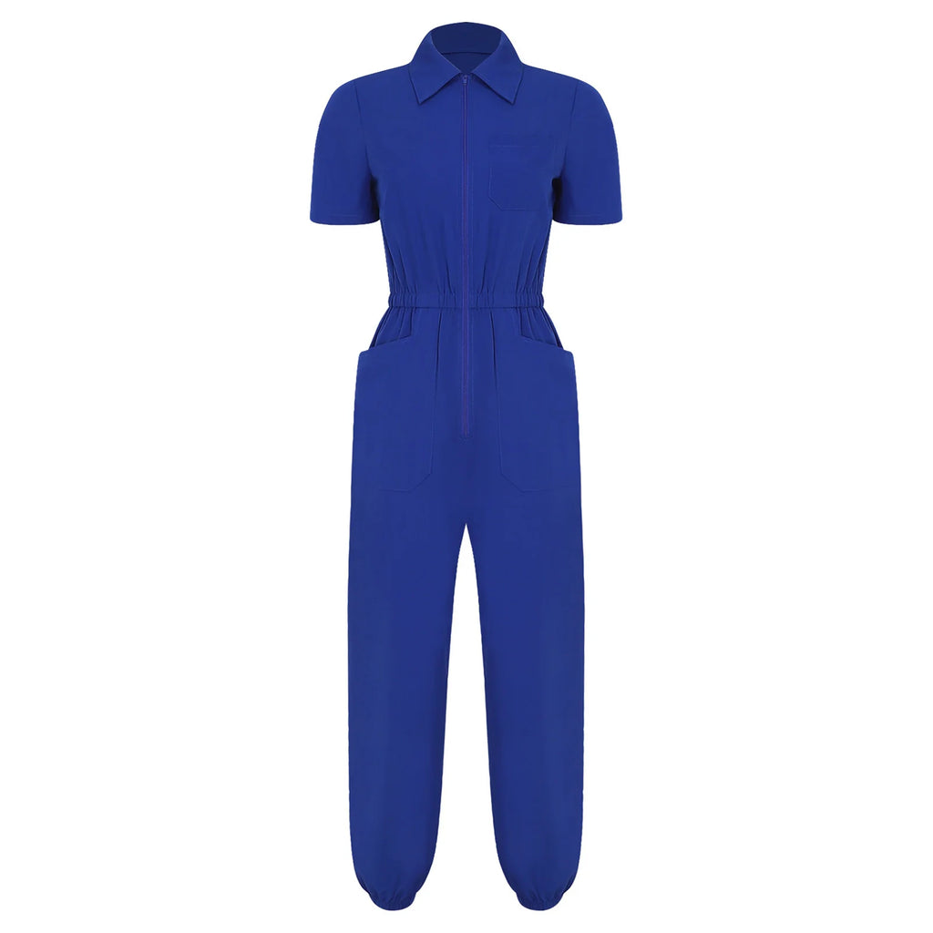 Womens Scrubs Jumpsuit Multi-pocket Elastic Waist Jogger Pants One-piece Rompers Bodysuit Nurse Doctor Workwear Medical Uniform
