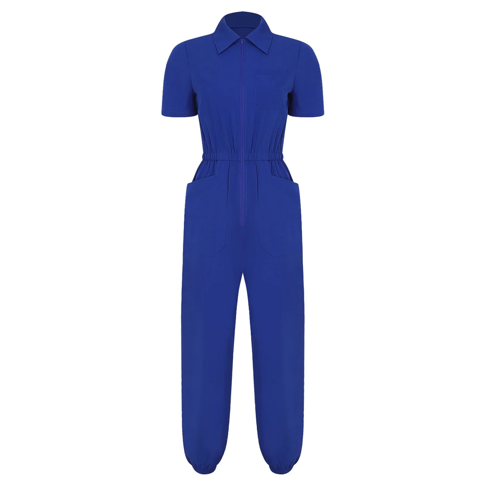 Womens Scrubs Jumpsuit Multi-pocket Elastic Waist Jogger Pants One-piece Rompers Bodysuit Nurse Doctor Workwear Medical Uniform
