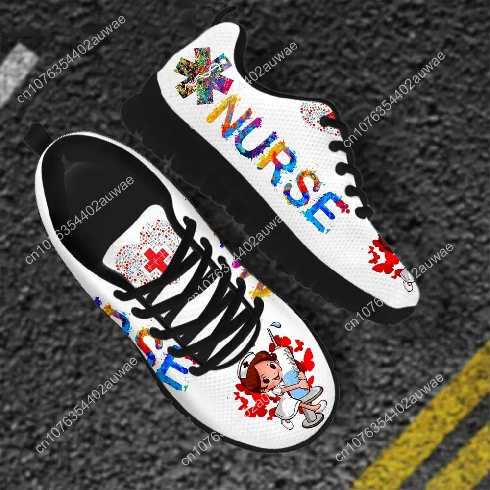 Cute Hospital Cartoon Nurse  Pattern Sneakers Shoes For Women Breathable Lace Up Flat Shoes Comfort Zapatillas