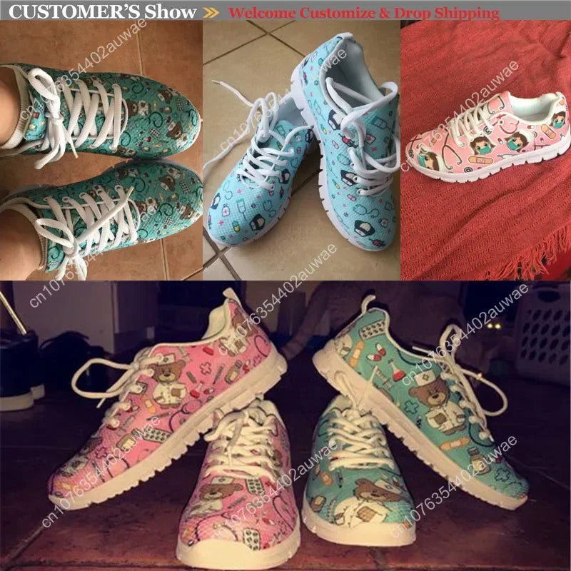 Cute Hospital Cartoon Nurse  Pattern Sneakers Shoes For Women Breathable Lace Up Flat Shoes Comfort Zapatillas