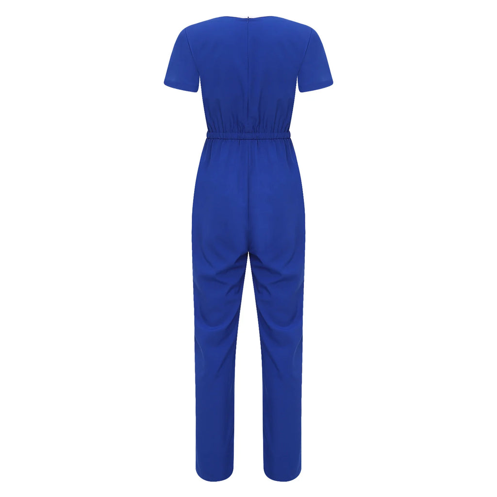 Womens Short Sleeve Medical Scrubs Jumpsuit Nurse Doctor Workwear Pockets Drawstring Long Pants Back Zipper Rompers Coverall