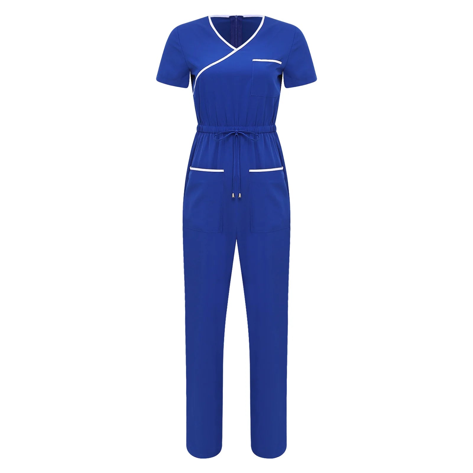 Women Scrubs Jumpsuit with Pockets Short Sleeve Drawstring Elastic Waist Long Pants Back Zipper Rompers for Nurse Doctor Medical