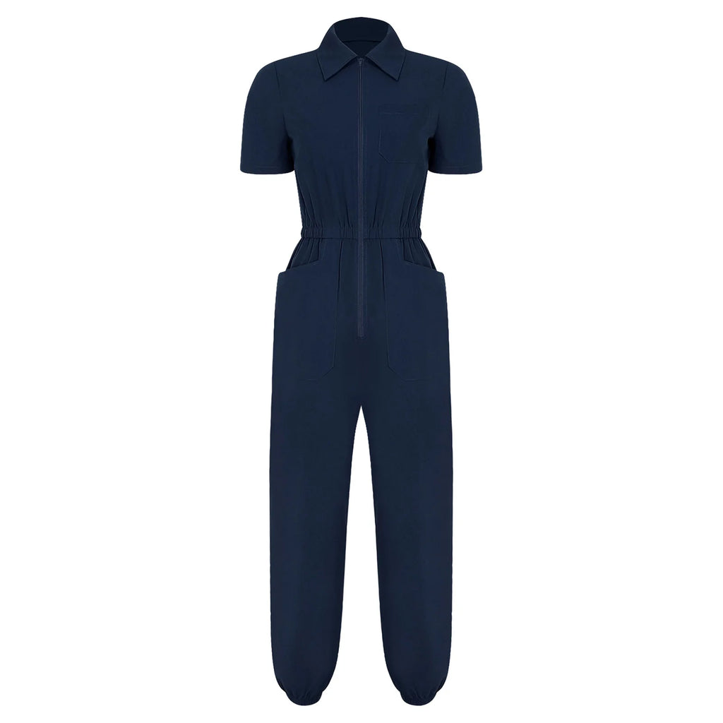 Womens Scrubs Jumpsuit Multi-pocket Elastic Waist Jogger Pants One-piece Rompers Bodysuit Nurse Doctor Workwear Medical Uniform