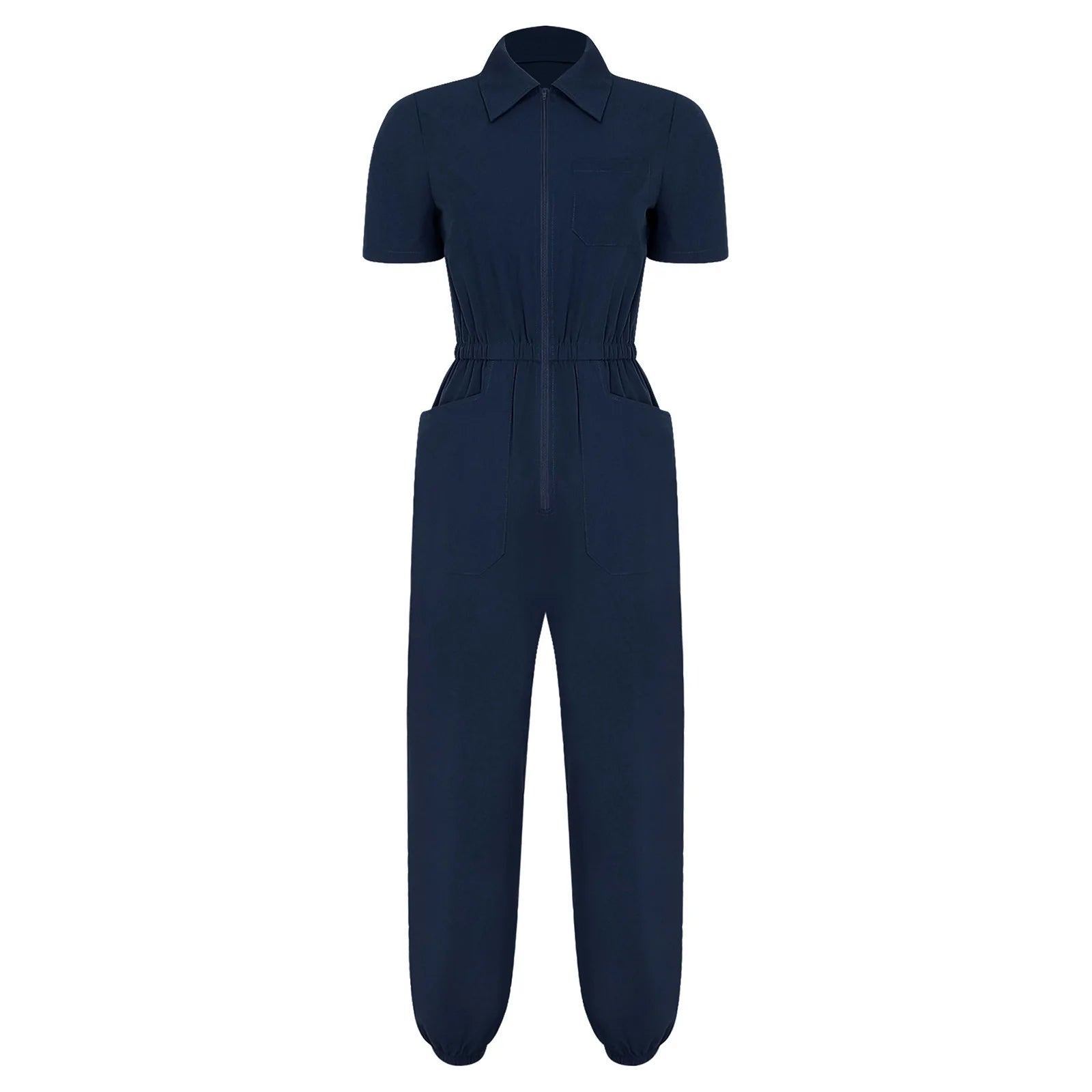 Womens Scrubs Jumpsuit Multi-pocket Elastic Waist Jogger Pants One-piece Rompers Bodysuit Nurse Doctor Workwear Medical Uniform