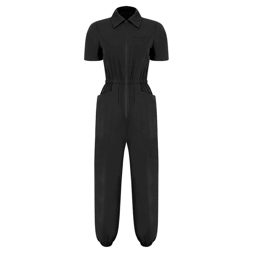 Womens Scrubs Jumpsuit Multi-pocket Elastic Waist Jogger Pants One-piece Rompers Bodysuit Nurse Doctor Workwear Medical Uniform