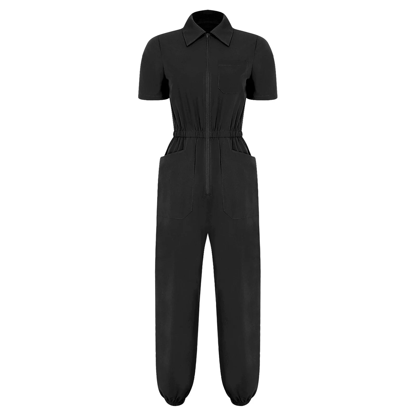 Womens Scrubs Jumpsuit Multi-pocket Elastic Waist Jogger Pants One-piece Rompers Bodysuit Nurse Doctor Workwear Medical Uniform