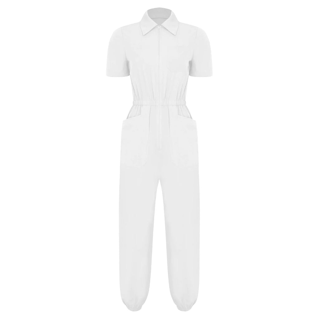 Womens Scrubs Jumpsuit Multi-pocket Elastic Waist Jogger Pants One-piece Rompers Bodysuit Nurse Doctor Workwear Medical Uniform