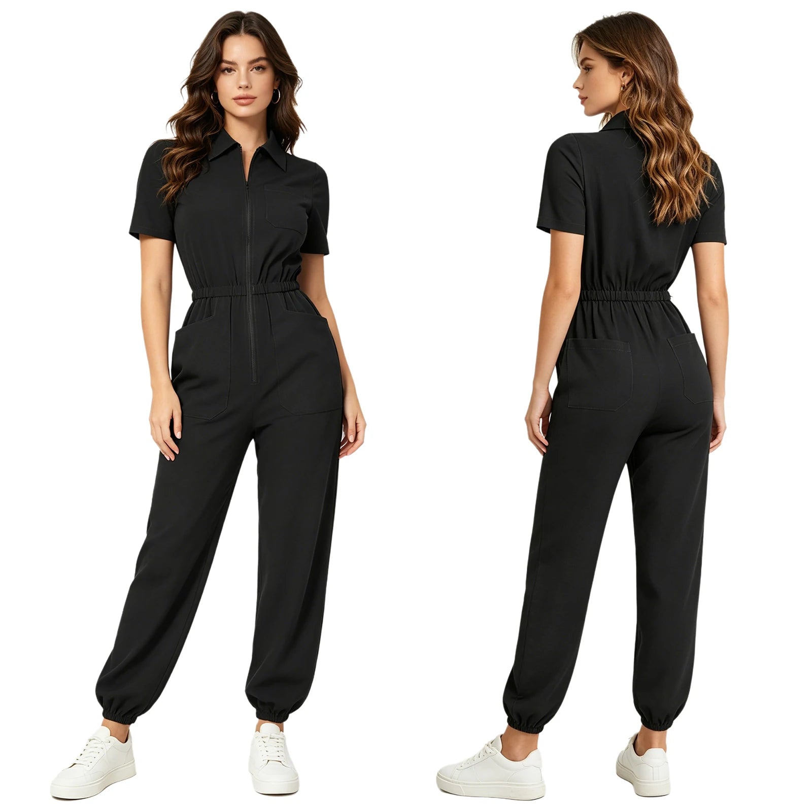 Women Short Sleeve Scrub Jumpsuit Multi-pockets Zipper Elastic Waist Jogger Pants Rompers Nurse Doctor Workwear Medical Uniform