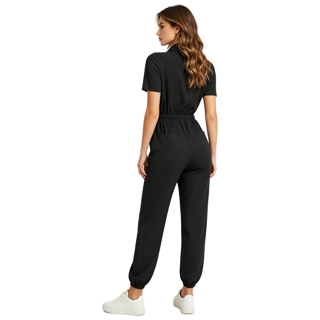 Womens Scrubs Jumpsuit Multi-pocket Elastic Waist Jogger Pants One-piece Rompers Bodysuit Nurse Doctor Workwear Medical Uniform