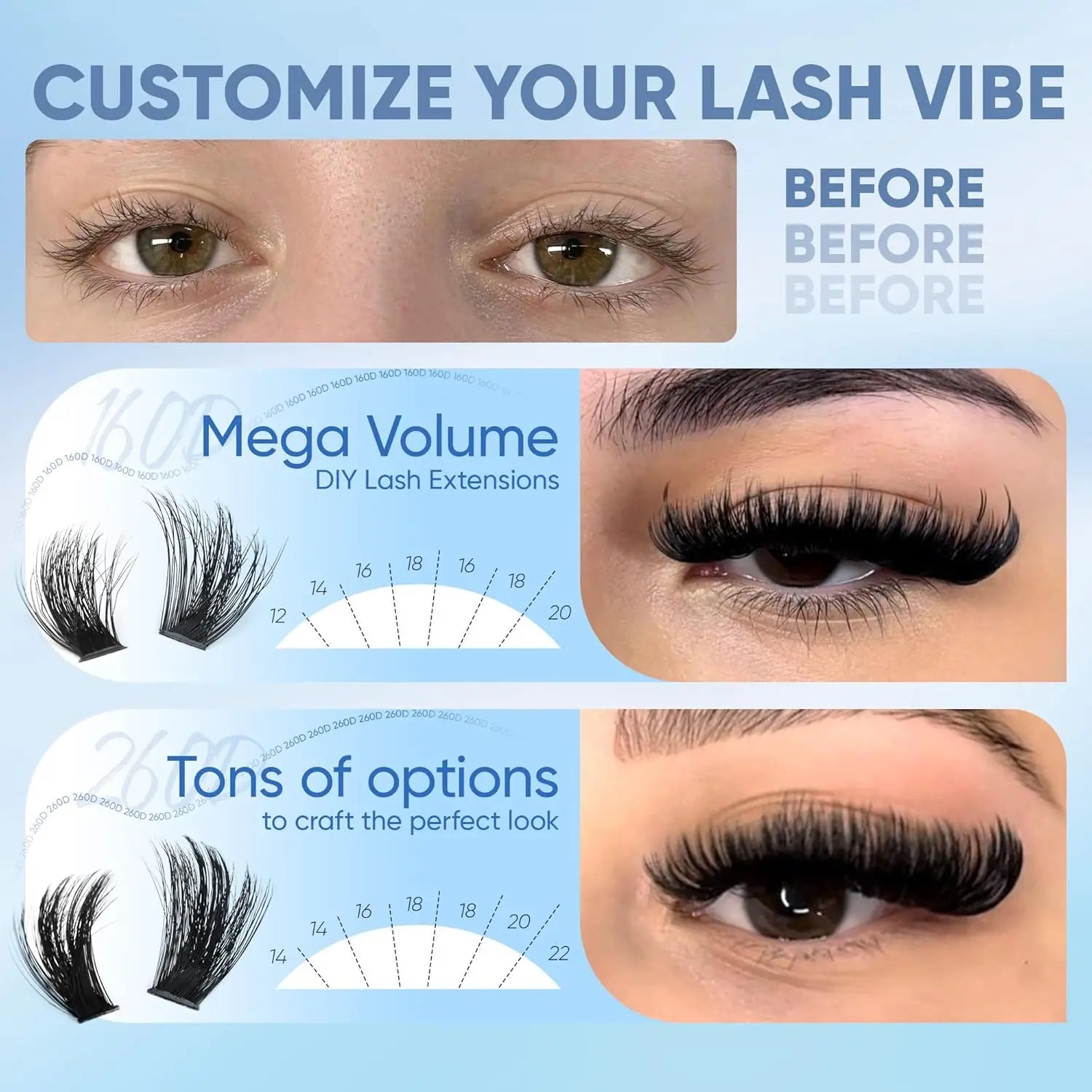Lash Clusters 160D+260D Eyelash Clusters 12-24mm Long Thick Volume Strip Mink Lashes Dramatic Full Salon Look