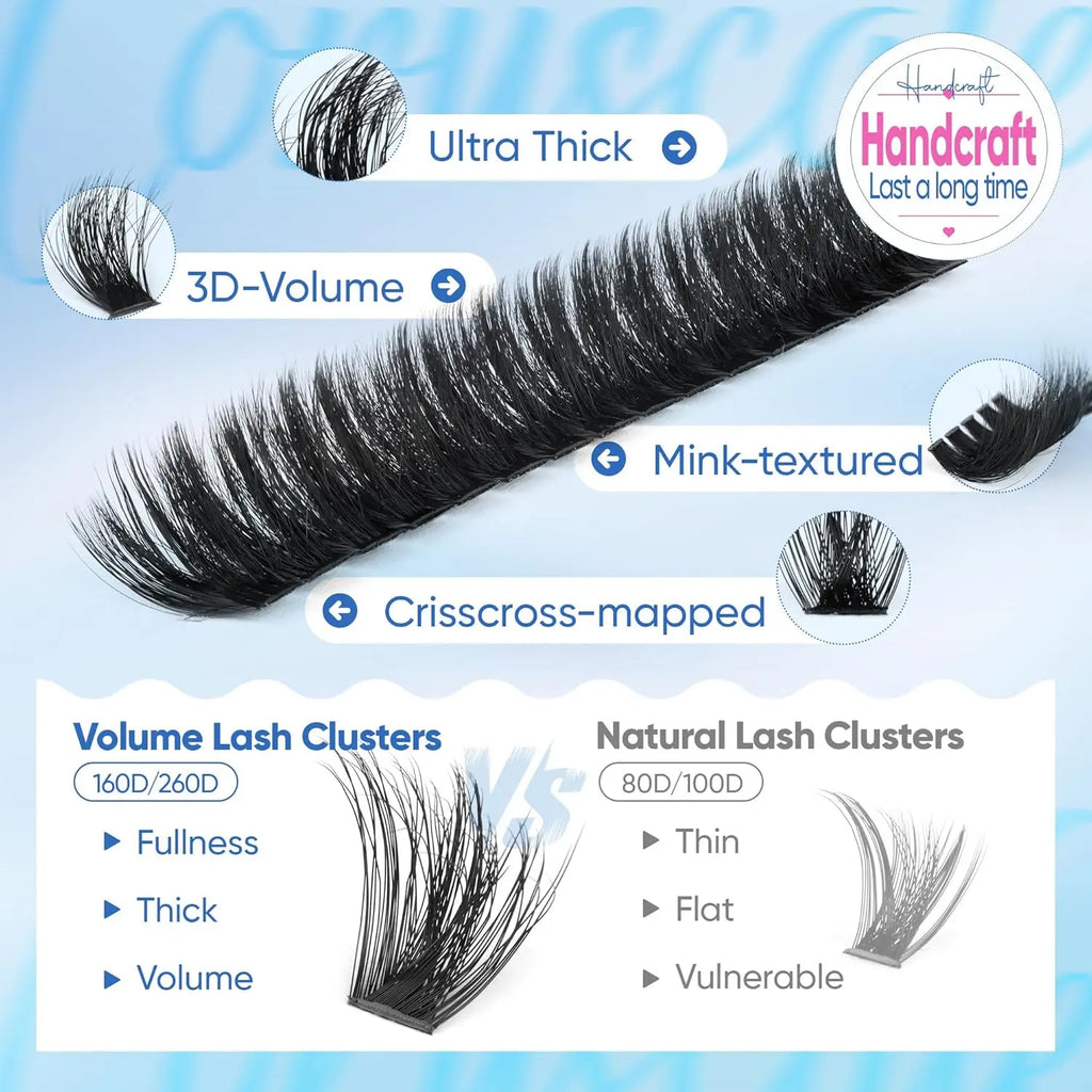 Lash Clusters 160D+260D Eyelash Clusters 12-24mm Long Thick Volume Strip Mink Lashes Dramatic Full Salon Look