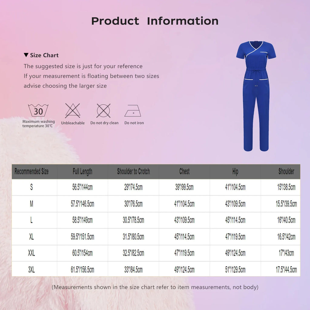 Womens Short Sleeve Medical Scrubs Jumpsuit Nurse Doctor Workwear Pockets Drawstring Long Pants Back Zipper Rompers Coverall