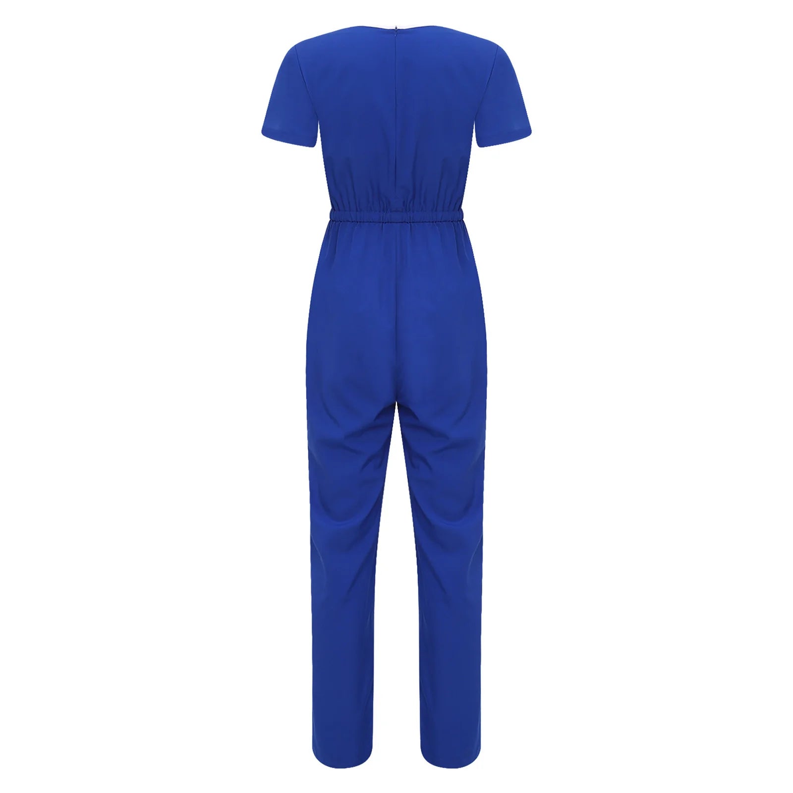 Women Scrubs Jumpsuit with Pockets Short Sleeve Drawstring Elastic Waist Long Pants Back Zipper Rompers for Nurse Doctor Medical