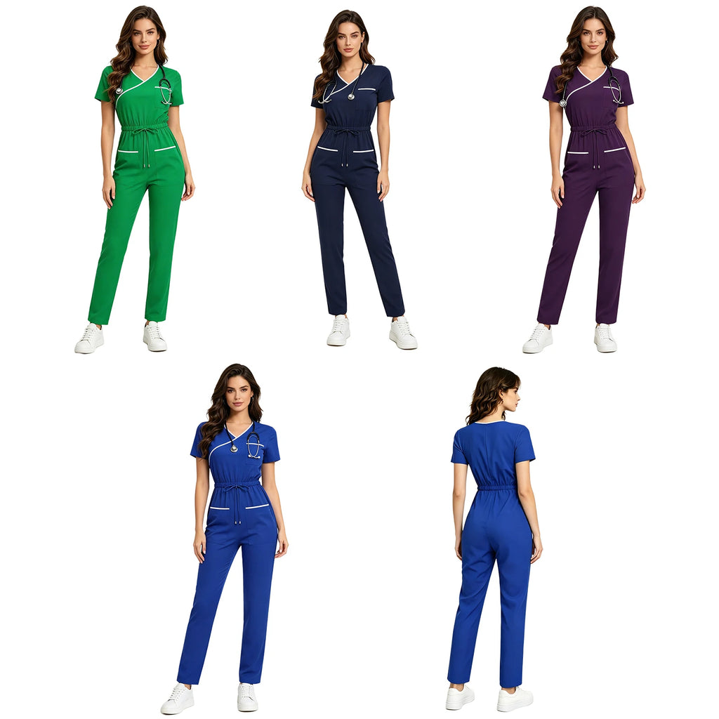 Womens Short Sleeve Medical Scrubs Jumpsuit Nurse Doctor Workwear Pockets Drawstring Long Pants Back Zipper Rompers Coverall
