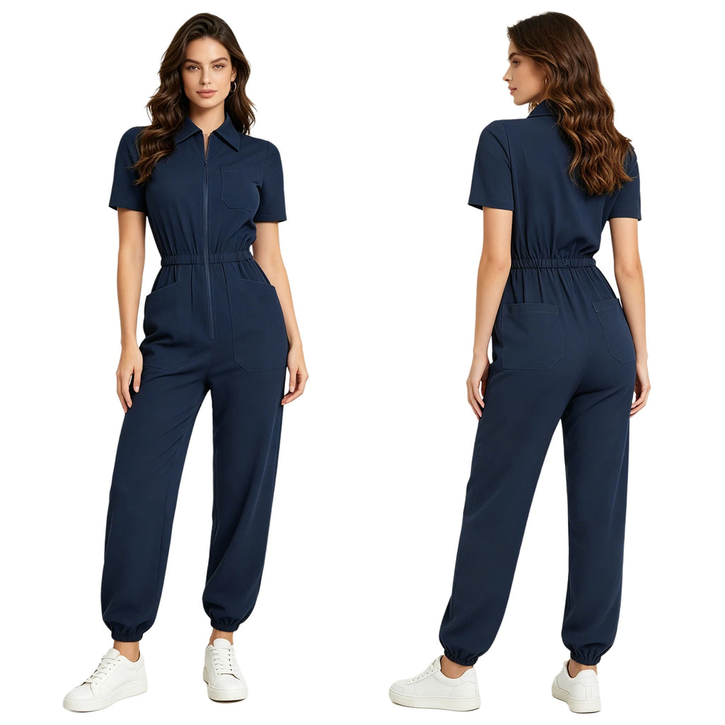 Women Short Sleeve Scrub Jumpsuit Multi-pockets Zipper Elastic Waist Jogger Pants Rompers Nurse Doctor Workwear Medical Uniform