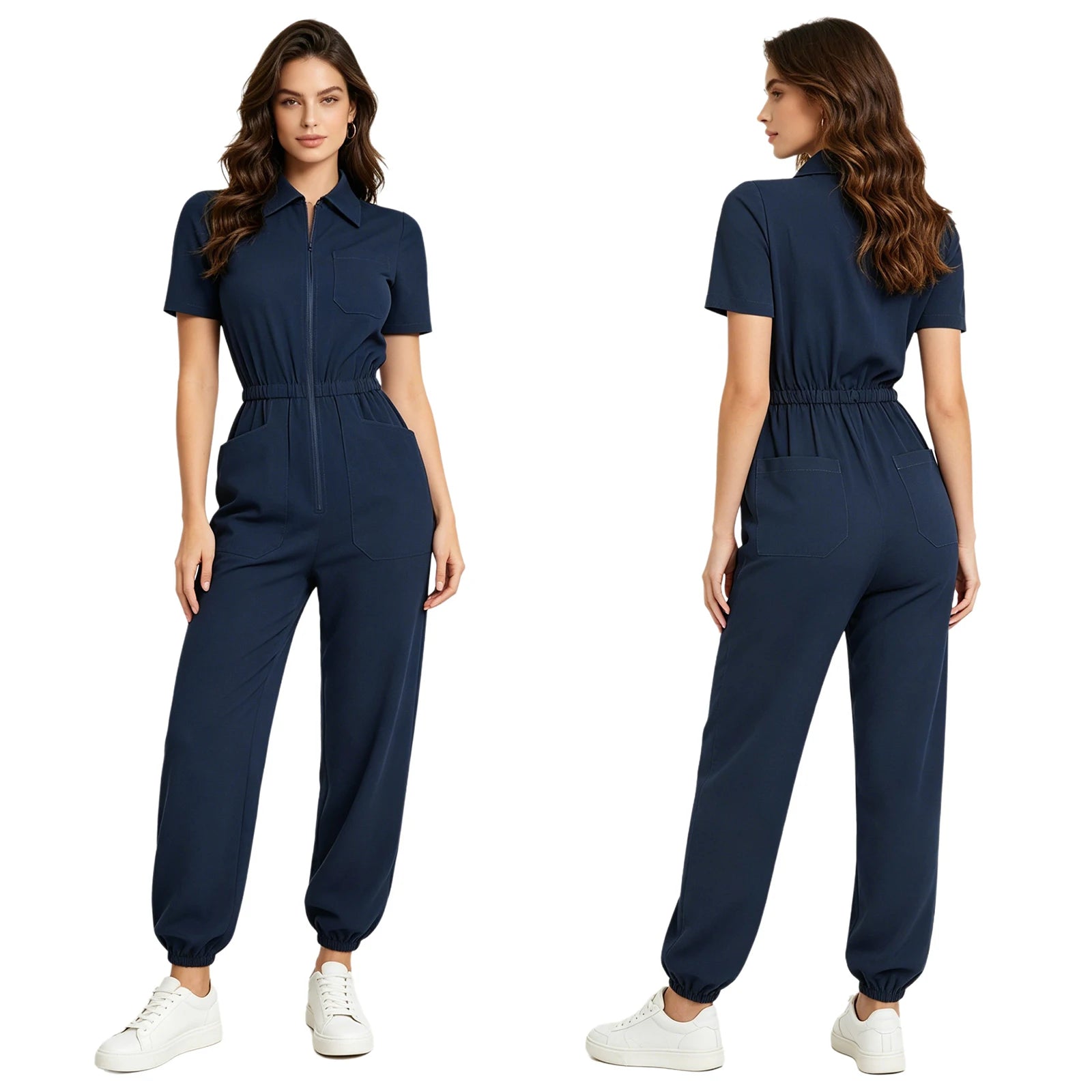 Women Short Sleeve Scrub Jumpsuit Multi-pockets Zipper Elastic Waist Jogger Pants Rompers Nurse Doctor Workwear Medical Uniform