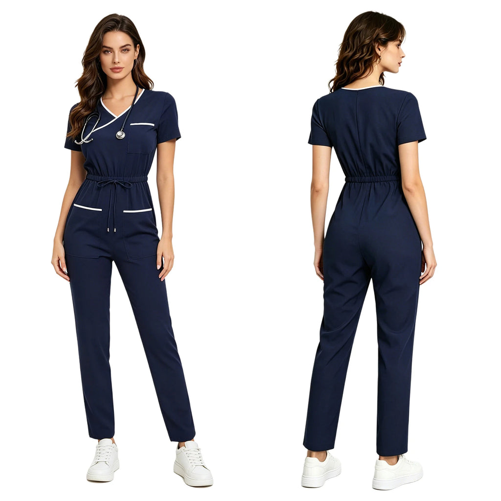 Women Scrubs Jumpsuit with Pockets Short Sleeve Drawstring Elastic Waist Long Pants Back Zipper Rompers for Nurse Doctor Medical