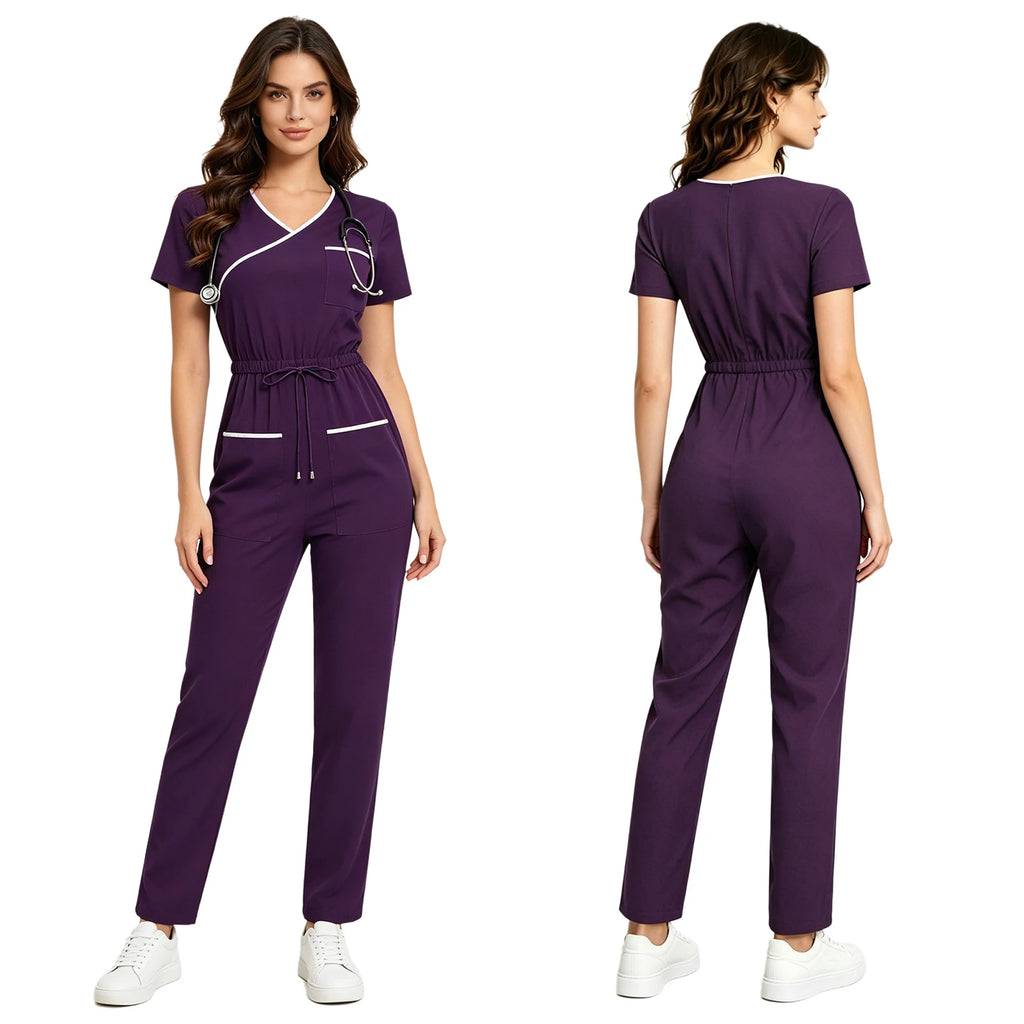 Women Short Sleeve Scrub Jumpsuit Multi-pockets Zipper Elastic Waist Jogger Pants Rompers Nurse Doctor Workwear Medical Uniform