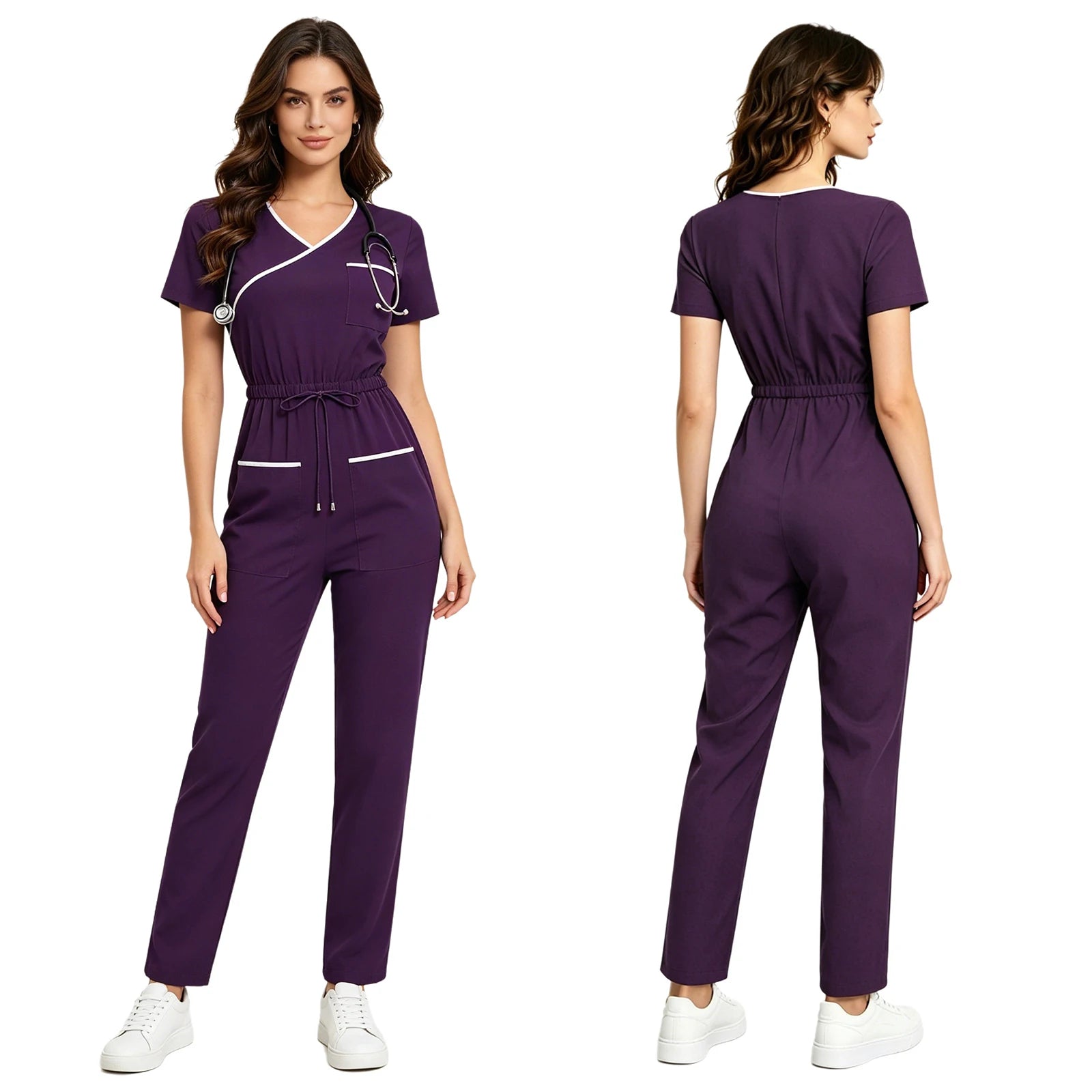 Women Short Sleeve Scrub Jumpsuit Multi-pockets Zipper Elastic Waist Jogger Pants Rompers Nurse Doctor Workwear Medical Uniform