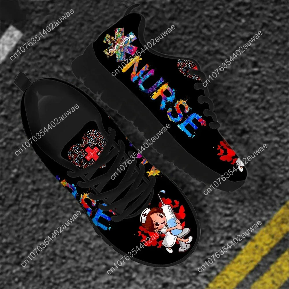 Cute Hospital Cartoon Nurse  Pattern Sneakers Shoes For Women Breathable Lace Up Flat Shoes Comfort Zapatillas