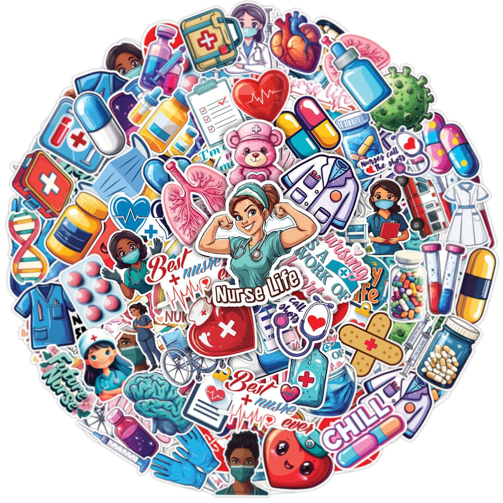 100pcs Nurse Sticker - Medical Stickers for Kids Doctor CNA Waterproof Decals for Water Bottles Laptop Luggage Computer Scrapbooking Teens Adults Girls Funny Party Birthday Decorations