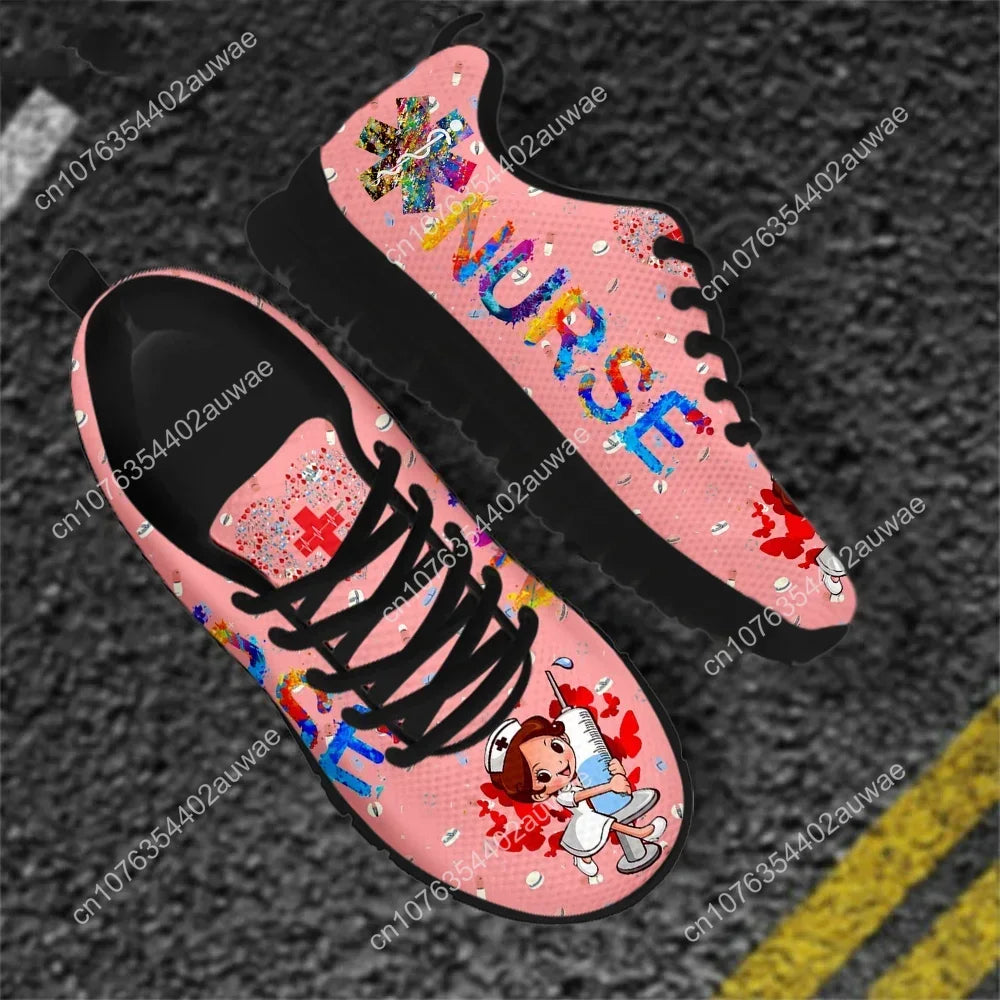 Cute Hospital Cartoon Nurse  Pattern Sneakers Shoes For Women Breathable Lace Up Flat Shoes Comfort Zapatillas