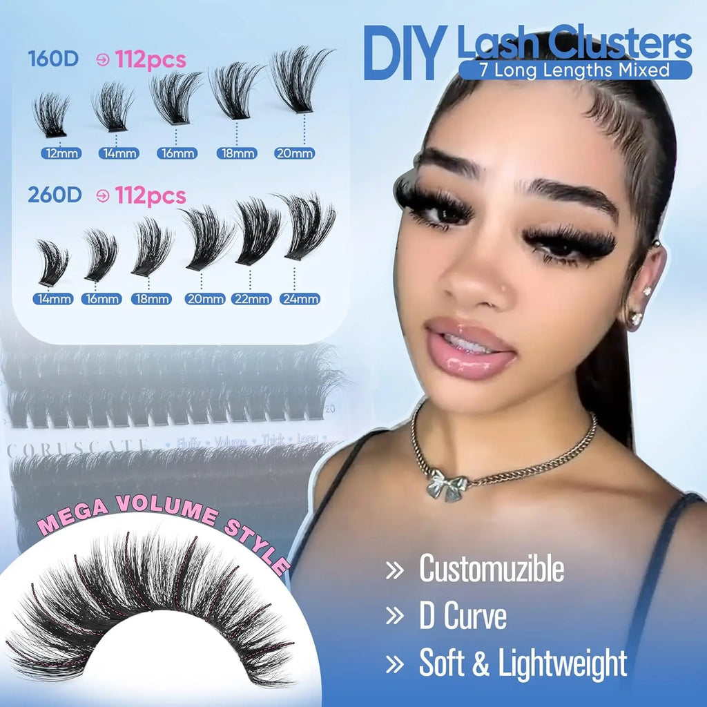 Lash Clusters 160D+260D Eyelash Clusters 12-24mm Long Thick Volume Strip Mink Lashes Dramatic Full Salon Look