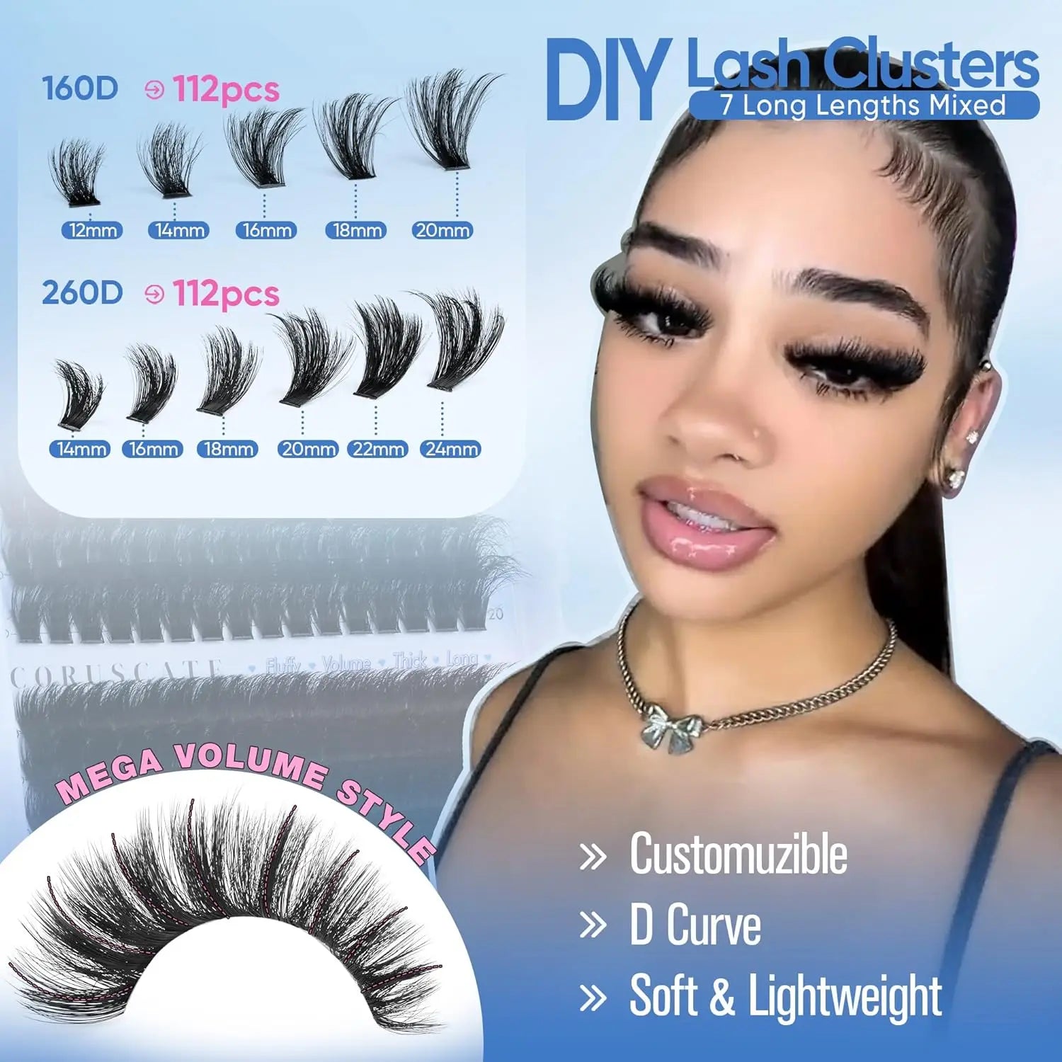 Lash Clusters 160D+260D Eyelash Clusters 12-24mm Long Thick Volume Strip Mink Lashes Dramatic Full Salon Look